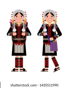 The hill tribe woman. Hmong woman with basket. vector