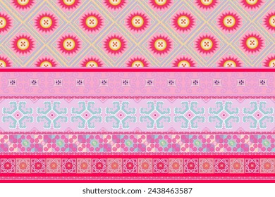 Hill tribes pattern ,embroidery style,tradition pattern,weaving culture,ethnic unique design,pink tone,Yao hilltripe inspiration,design for costume,clothing,wrapping,printing