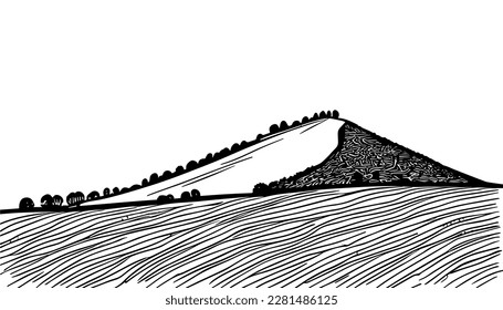 Ilustración de línea negra vectorial de colinas aislada blanca. Dibujo artístico