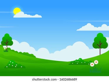 Hill vector landscape illustration with blue sky, trees, flowers and meadow suitable for background