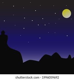 hill view in darkness, with bright moonlight, Night Sky Horizon