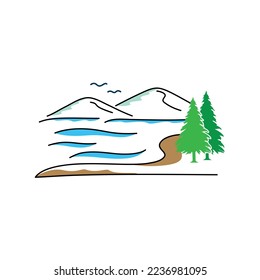 Hill view with river and green trees in landscape logo design. Modern line art, vector, graphic, icon, illustration