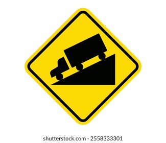 Hill Warning Sign Featuring a Yellow Diamond Shape with Black Truck on a Steep Incline, Indicating a Steep Downhill Grade, Available as a Vector File