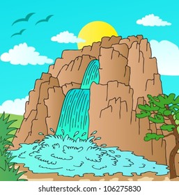 Hill with waterfalls landscape - vector illustration.