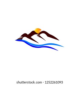 hill wth sunset and river logo design vector 