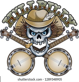 hillbilly skull with crossed banjos