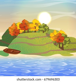 Hills, autumn trees and a boat on the coast of the sea. Autumnal vector landscape can be used in newsletter, brochures, postcards, banner. 