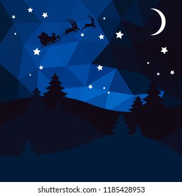 Hills with Christmas trees against the background of the night sky with the moon, stars and Santa Claus in a sleigh drawn by reindeers.