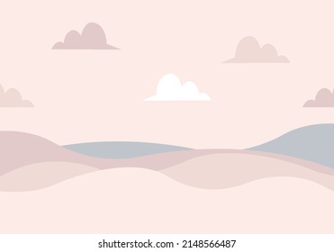 Hills, clouds and mountains. Abstract design. On the wall poster, wallpaper, background for websites. Vector hand drawn, scandinavian style.