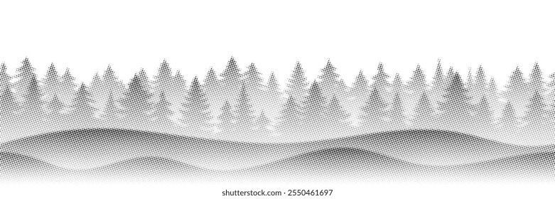 Colinas y bosque de coníferas, puntos de semitono, efecto de punto de desvanecimiento, diseño de Vector