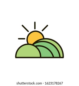 hills field sun landscape nature drawing vector illustration