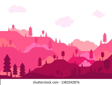 hills and forest landscape vector flat style illustration in pink colors