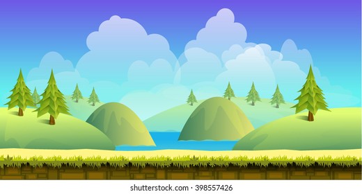 hills game background 2d game application. Vector design. Tileable horizontally. Size 1024x512. Ready for parallax effect