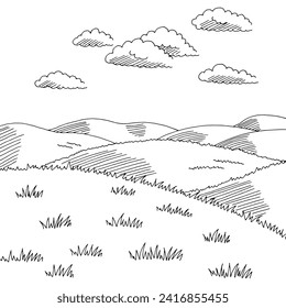 Hills gráfico de dibujos panorámicos en blanco negro gráfico vector 