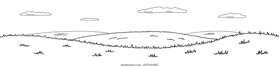 Hills graphic black white landscape long sketch illustration vector 