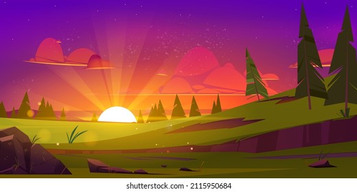 Hills with green grass, conifers and sun on horizon at sunset. Vector illustration of summer or spring landscape of meadow or pasture with plants, trees and stones at evening