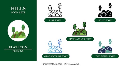 Hills icons sets. Nature environment concept. Various style icons on isolated background for web design, symbol, sign, presentation, and infographics. EPS 10. 