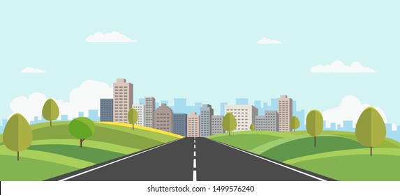 Hills landscape with cityscape on background vector illustration.Public park and town with sky background.Beautiful nature scene with road to city.