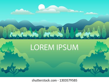Hills landscape in flat style design. Valley with lake background. Beautiful green fields, meadow, mountains and blue sky. Rural location in the hill, forest, trees, cartoon vector