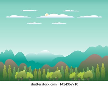 Hills landscape in flat style design. Valley background. Beautiful green fields, meadow, mountains and blue sky. Rural location in the hill, forest, trees, cartoon vector