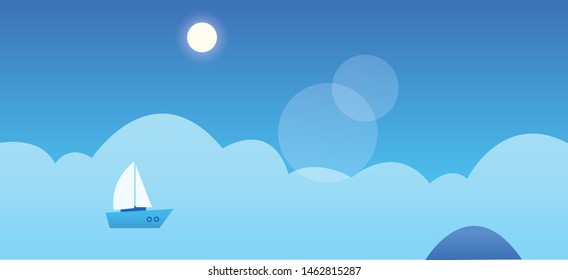 Hills landscape in flat style design. Valley with lake background