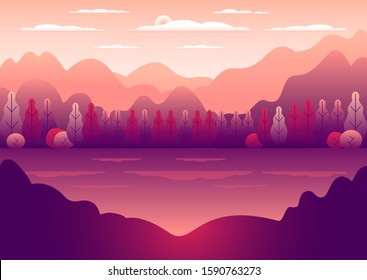 Hills landscape in flat style design. Valley with lake background. Beautiful purple fields, meadow, mountains and pink sky. Rural location in the hill, forest, trees, cartoon vector illustration