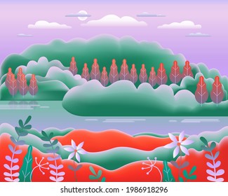 Hills landscape in flat style design. Beautiful field, meadow, mountains and sky. Rural location with valley, lake, river, hills, forest, trees. Green red gradient colors. Cartoon background vector 
