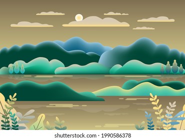 Hills landscape in flat style design. Beautiful field, meadow, mountains and sky. Rural location with valley, lake, river, hills, forest, trees. Green brown gradient colors. Cartoon background vector 