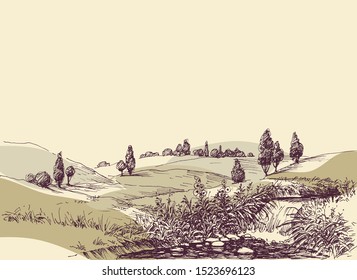 Hills landscape hand drawing. Travel or tourism in nature background