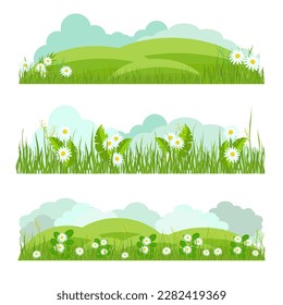 Hills, meadow, with daisies and grass. Color vector template. Set