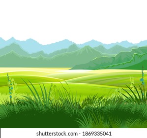 Hills and meadows. Haymaking in pastures. Agricultural land. Green grass. Mountains in the distance. Beautiful rural landscape. Isolated over white background. Vector