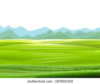 Hills and meadows. Haymaking in pastures. Agricultural land. Green grass. Mountains in the distance. Beautiful rural landscape. Isolated over white background. Vector