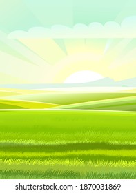 Hills and meadows. Haymaking pastures. Agricultural farm land. Green grass. Grassland for farming. Beautiful countryside landscape. Vector