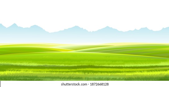 Hills and meadows. Haymaking in pastures. Agricultural land. Green grass. Mountains in the distance. Beautiful rural landscape. Isolated over white background. Vector