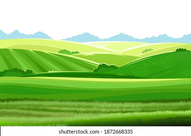 Hills and meadows. Haymaking in pastures. Agricultural land. Green grass. Mountains in the distance. Beautiful rural landscape. Isolated over white background. Vector