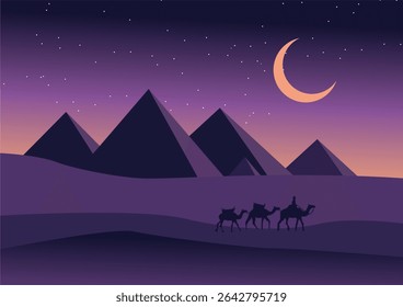 Camelo de Colinas e Lua no Deserto - Ilustração de Vetor Plano