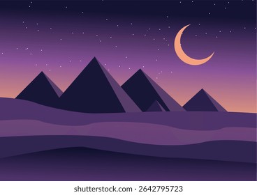 Colinas e Lua no Deserto - Ilustração Plana de Vetor