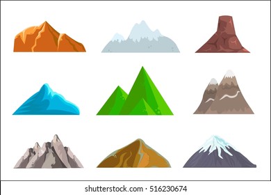 Hills and mountains cartoon vector set. Hill nature, element for landscape outdoor, rock snow illustration. Vector illustration. White Background.