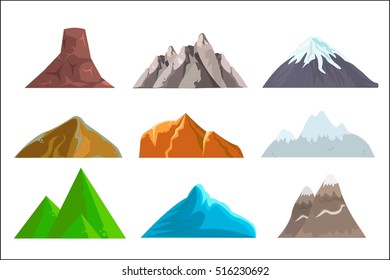 Hills and mountains cartoon vector set. Hill nature, element for landscape outdoor, rock snow illustration. Vector illustration. White Background.