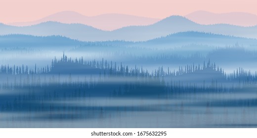 Hills and mountains covered by forest, taiga. Dawn, the light of sunrise. Fog, morning haze.