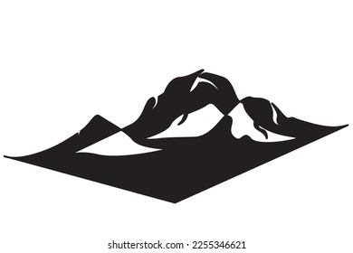 Hills in mountains in firs snow. Vector illustration of mountainous hills for symbols, icons, logos, emblems, winter travel posters. Winter landscape icon for adventure, camping, picnic and travel.