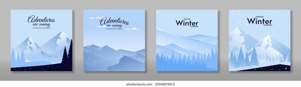 Hills and mountains with forest landscape, snowy backgrounds. Snowy weather. Vector illustration. Set of flat winter landscape card. Design for card, banner, web.  