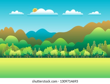 Hills and mountains landscape in flat style design. Valley background. Beautiful green fields, meadow, and blue sky. Rural location in the hill, forest, trees, cartoon vector