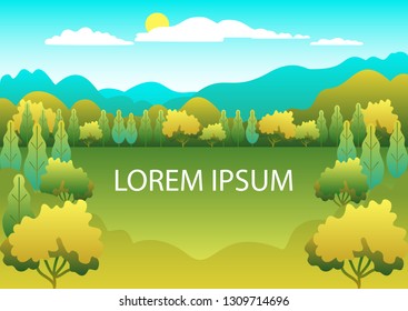 Hills and mountains landscape in flat style design. Valley background. Beautiful green fields, meadow, and blue sky. Rural location in the hill, forest, trees, cartoon vector