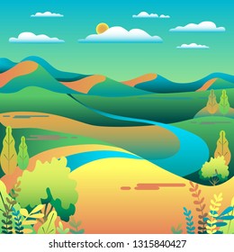 Hills and mountains landscape in flat style design. Valley background. Beautiful green fields, meadow, and blue sky. Rural location in the hill, river, trees, cartoon vector illustration