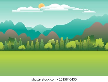 Hills and mountains landscape in flat style design. Valley background. Beautiful green fields, meadow, and blue sky. Rural location in the hill, forest, trees, cartoon vector illustration