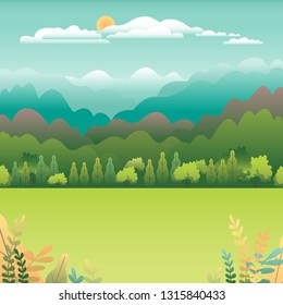 Hills and mountains landscape in flat style design. Valley background. Beautiful green fields, meadow, and blue sky. Rural location in the hill, forest, trees, cartoon vector illustration