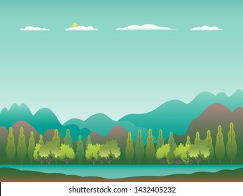 Hills and mountains landscape in flat style design. Valley background. Beautiful green fields, meadow, and blue sky. Rural location in the hill, forest, trees, cartoon vector illustration