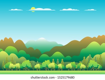 Hills and mountains landscape in flat style design. Valley background panorama countryside illustration. Beautiful green field, meadow, mountains and blue sky and sun. Rural location, cartoon vector b