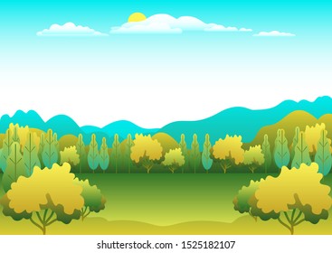 Hills and mountains landscape in flat style design. Valley background panorama countryside illustration. Beautiful green field, meadow, mountains and blue sky and sun. Rural location, cartoon vector b
